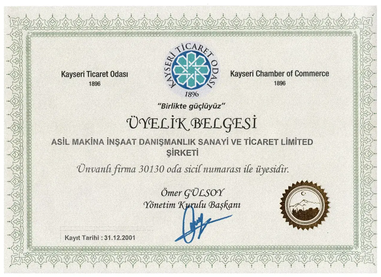 Kayseri Ticaret Odası Üyelik Belgesi — Resmi Belge