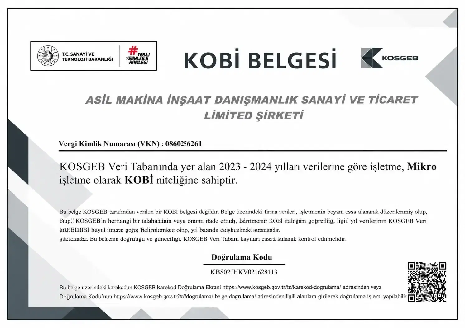 KOSGEB KOBİ Belgesi — Resmi Belge