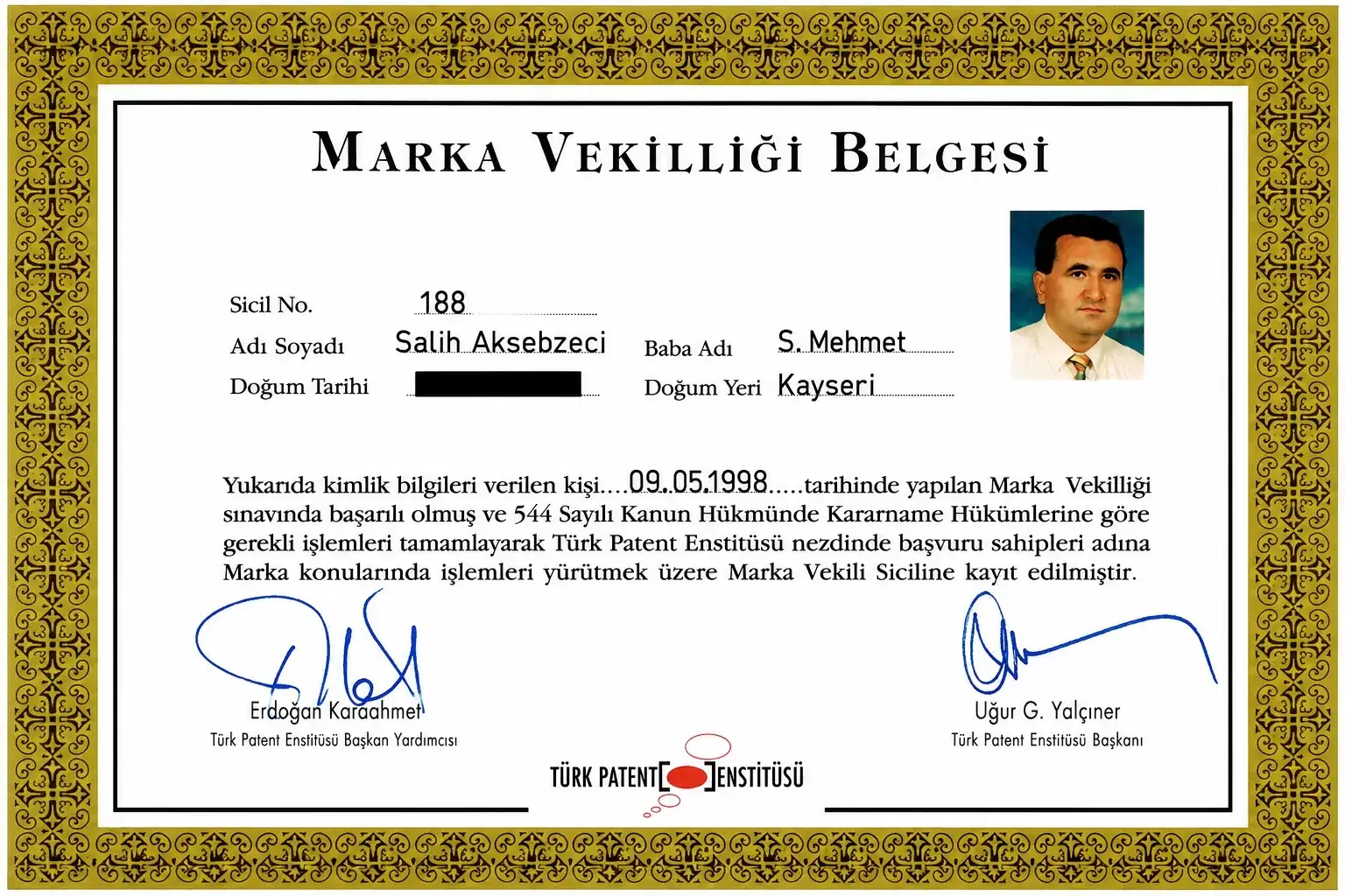 TÜRKPATENT Marka Vekilliği Belgesi — Resmi Belge