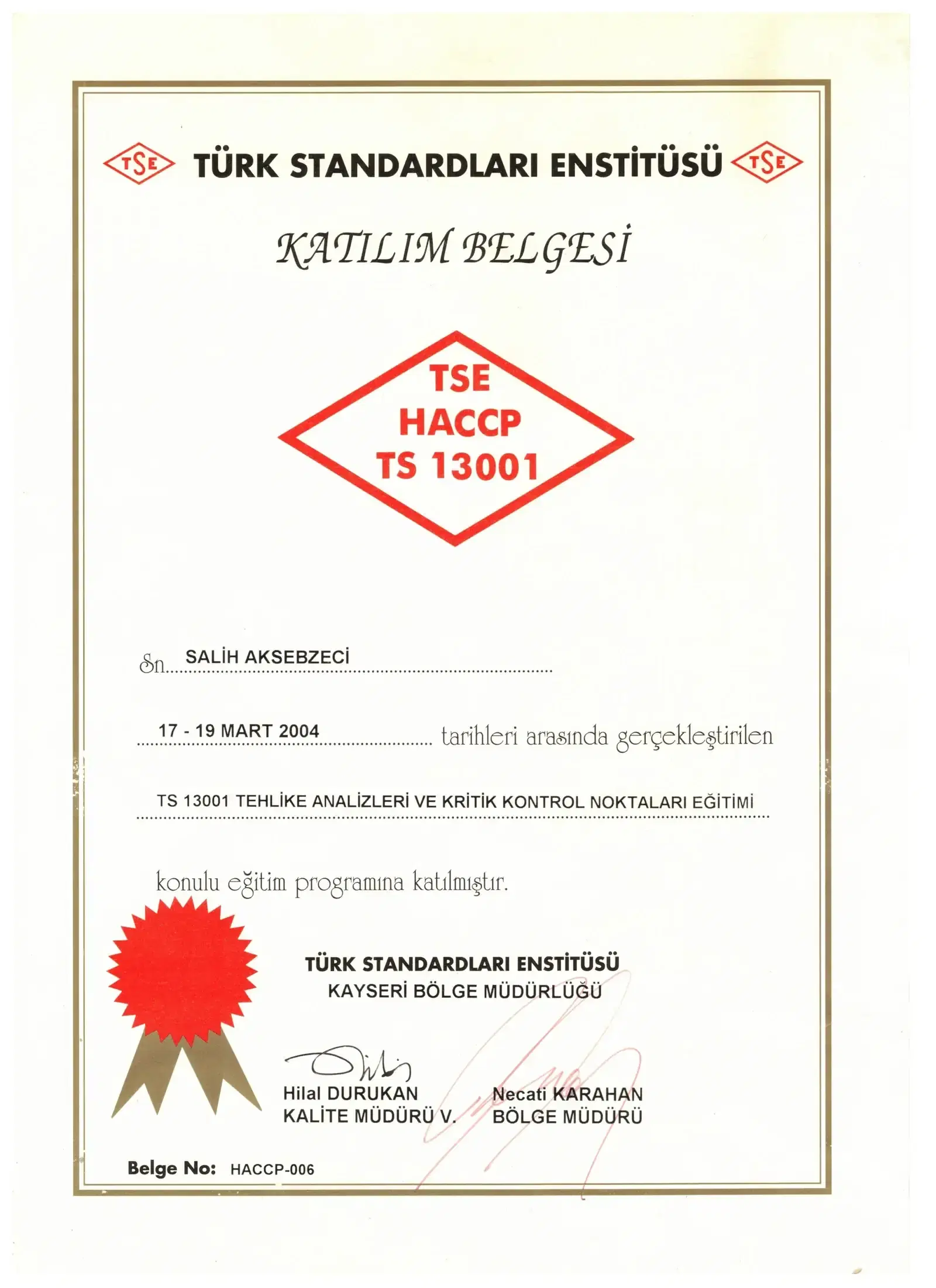 TS 13001 HACCP — Tehlike Analizleri ve Kritik Kontrol Noktaları — Resmi Belge
