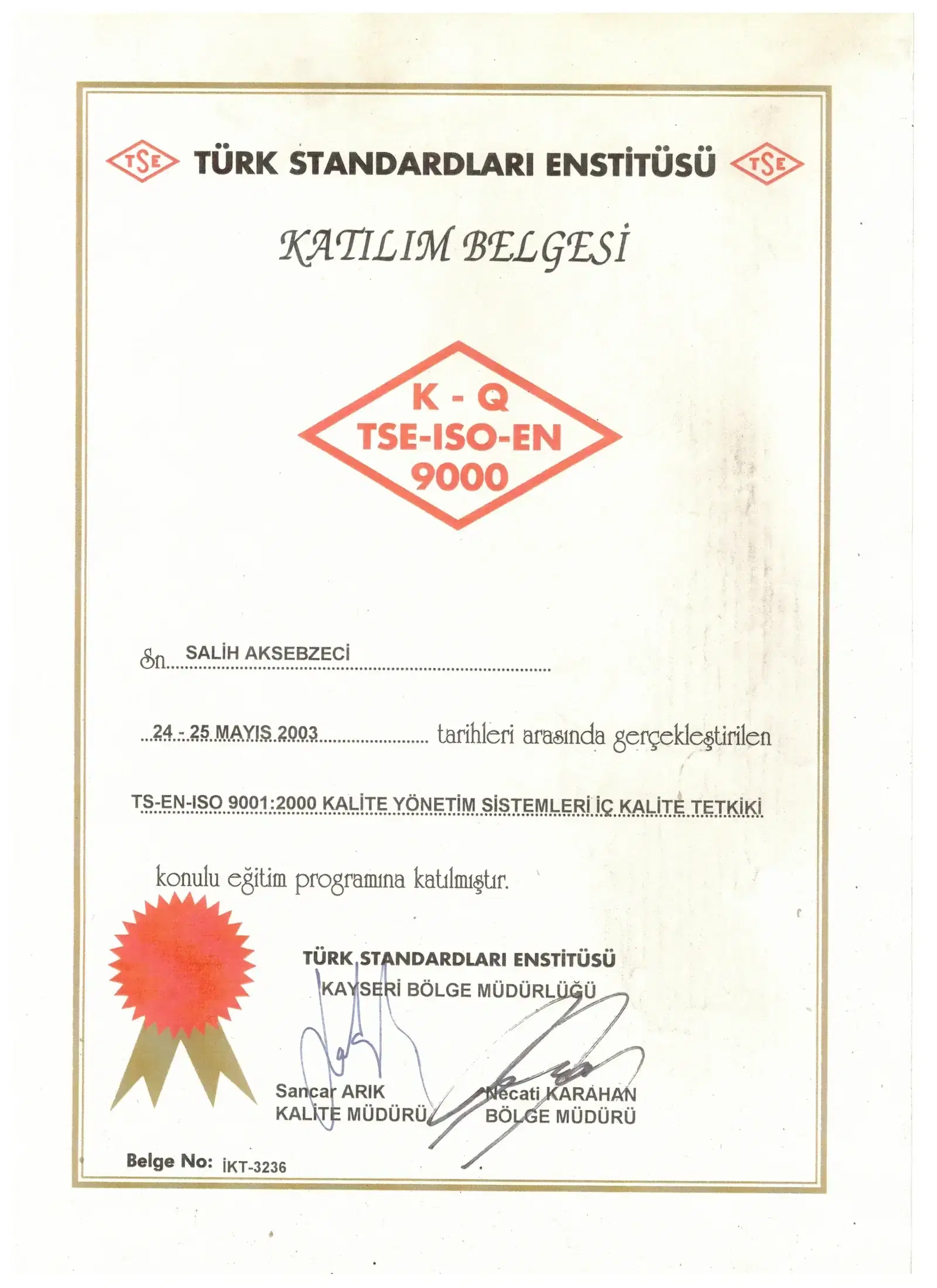 TS-EN-ISO 9001:2000 İç Kalite Tetkiki — Resmi Belge