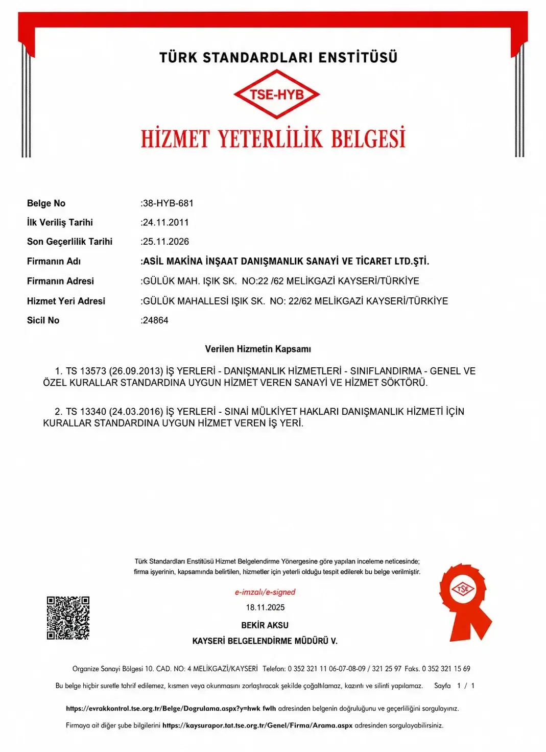 TSE Hizmet Yeterlilik Belgesi — Resmi Belge